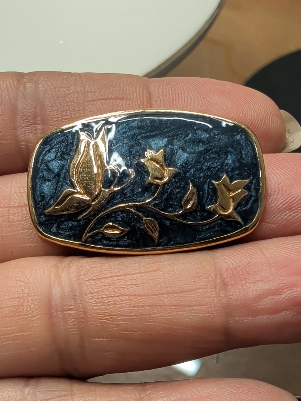 Vintage Gold-Tone & Blue Enamel Floral Motif Brooch Pin